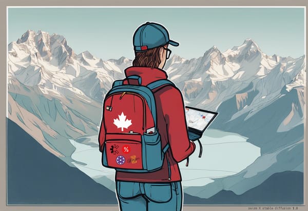 A person wearing a cap and backpack, holding a laptop in front of a mountainous landscape. On the backpack is a prominent Can