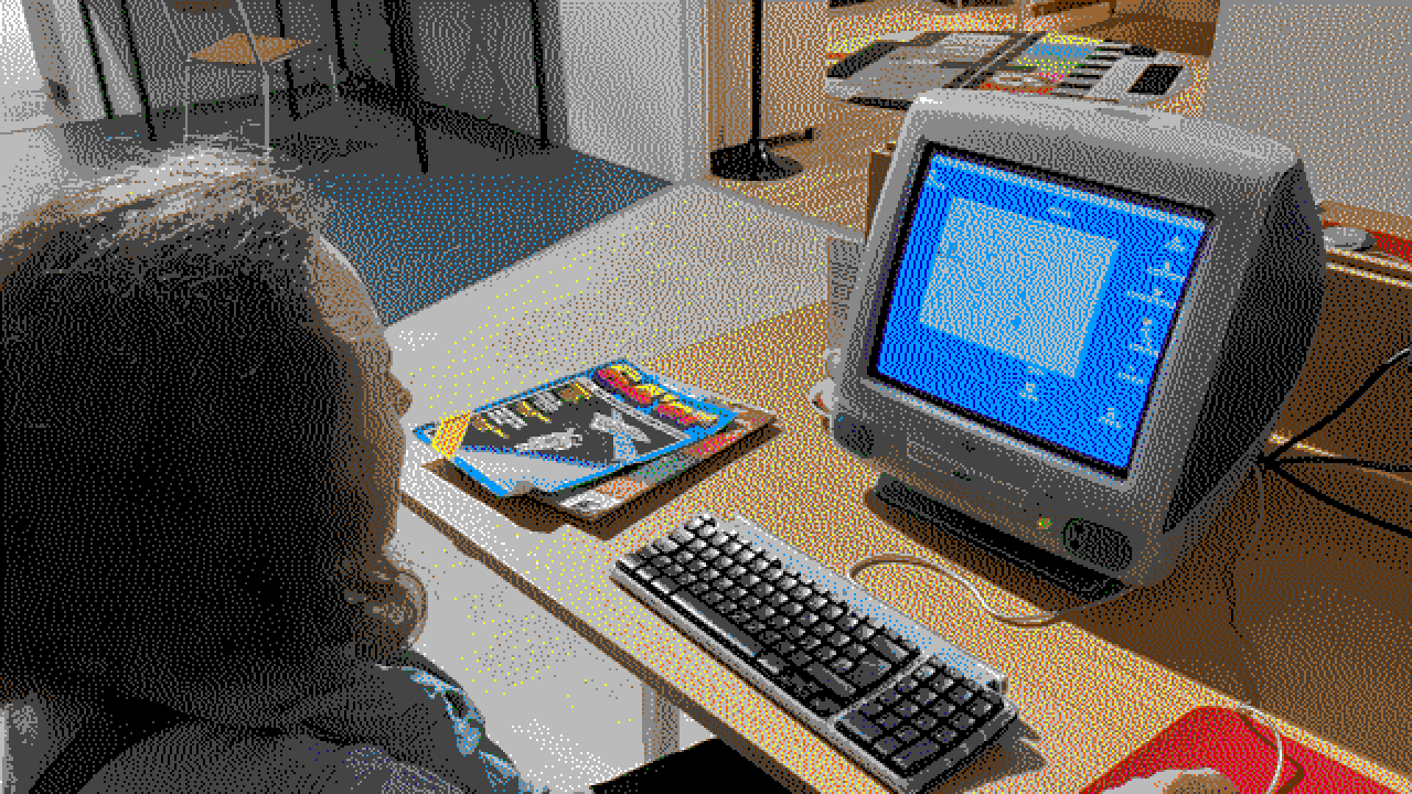 A woman at an old Macintosh computer in a lovingly recreated 70s home 
