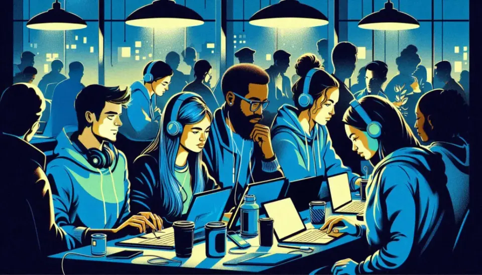 A group of people wearing headphones and working on laptops at a table in a dimly lit room with large windows. (Caption by Apertus 1.5)
